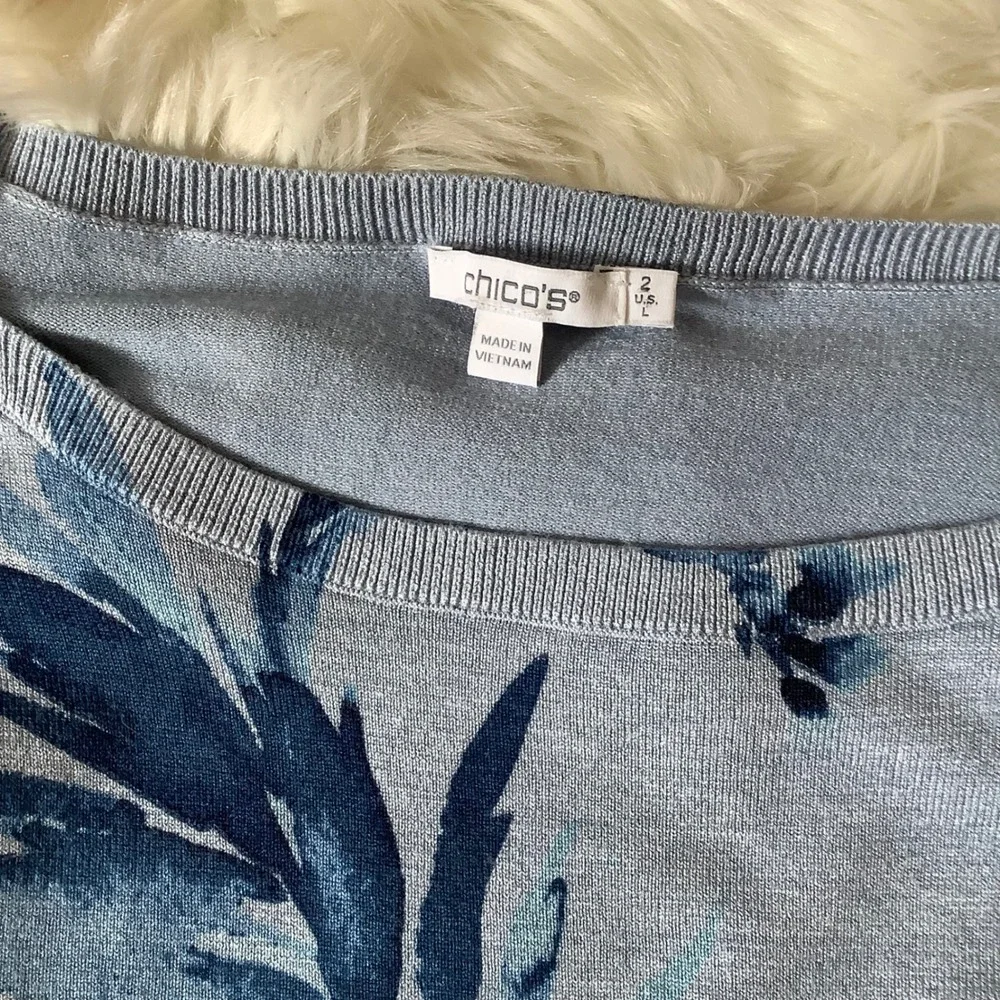 Chicos Blue Leaf Print Boat Neck Sweater Size 2 Large Rayon Blend Long Sleeve - Picture 6 of 13